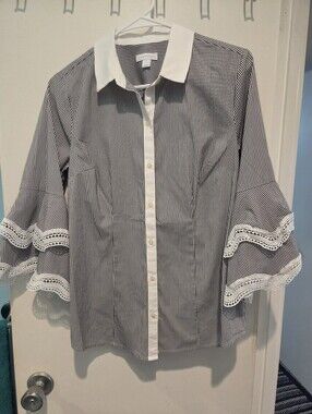 Striped Blue And White Charter Club Button-Front Blouse with Bell Sleeves. Sz 6